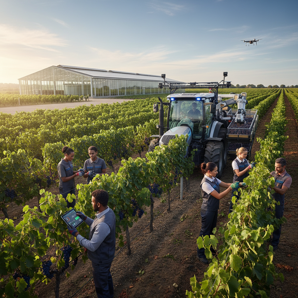 Main d'oeuvre agricole et technologie moderne pour la récolte.