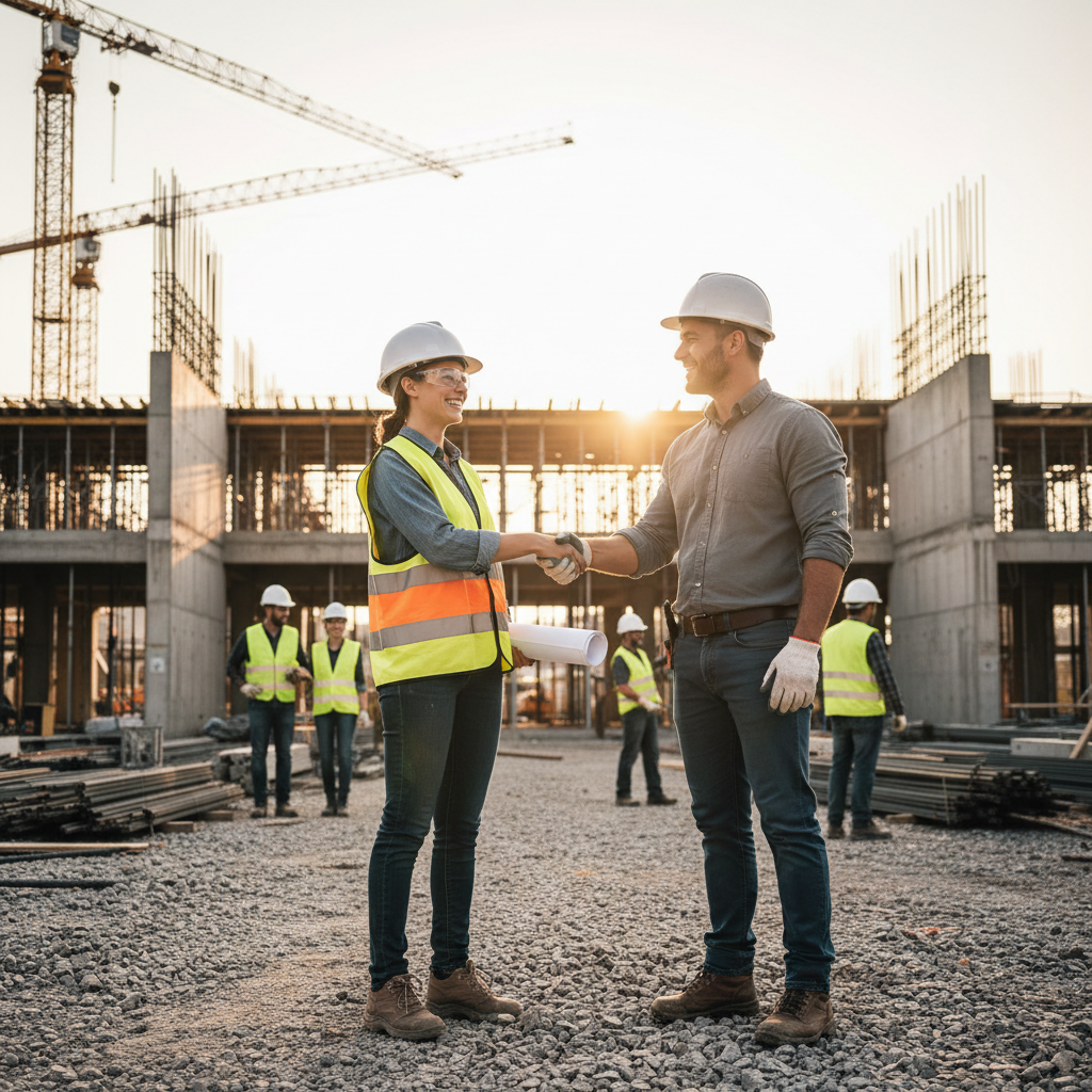 Poignée de main sur un chantier, illustrant un recrutement BTP rapide.