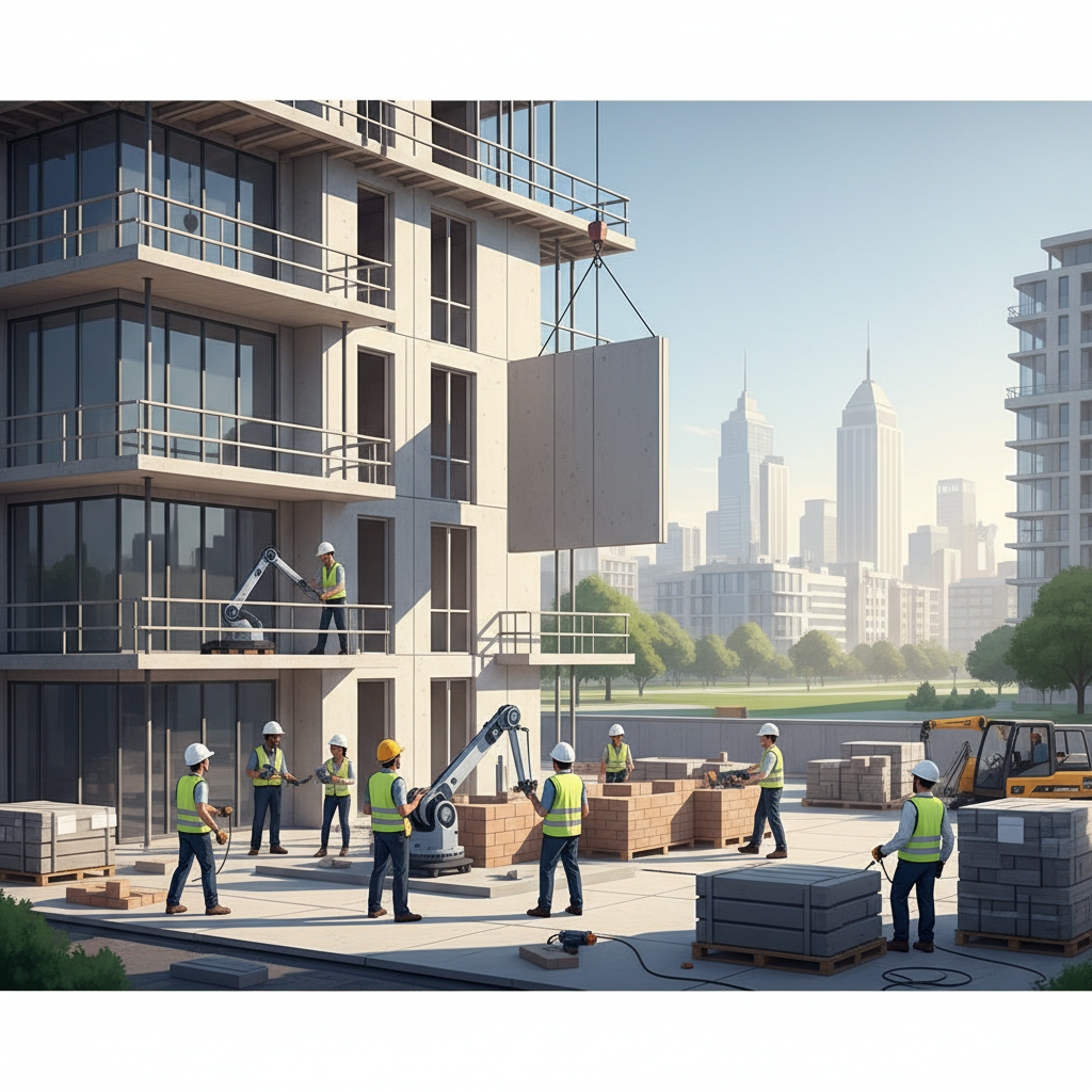 Équipe de construction diversifiée travaillant sur un site résidentiel moderne.